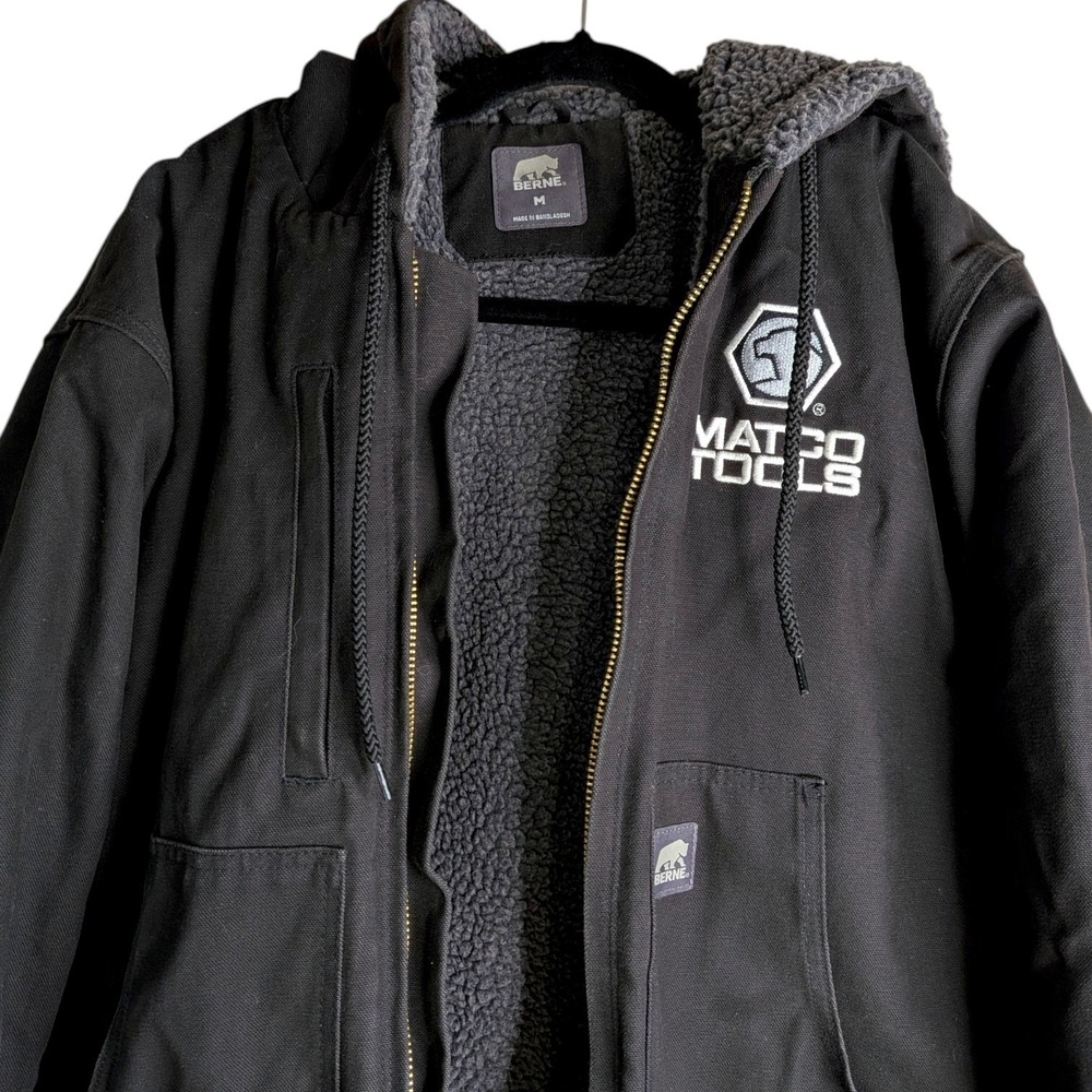 Berne Matco Tools Hooded Work Jacket Mens Medium Chore Coat Black Sherpa Lined